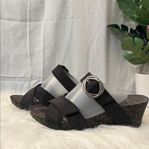 Dansko Black and Silver Wedge Sandals